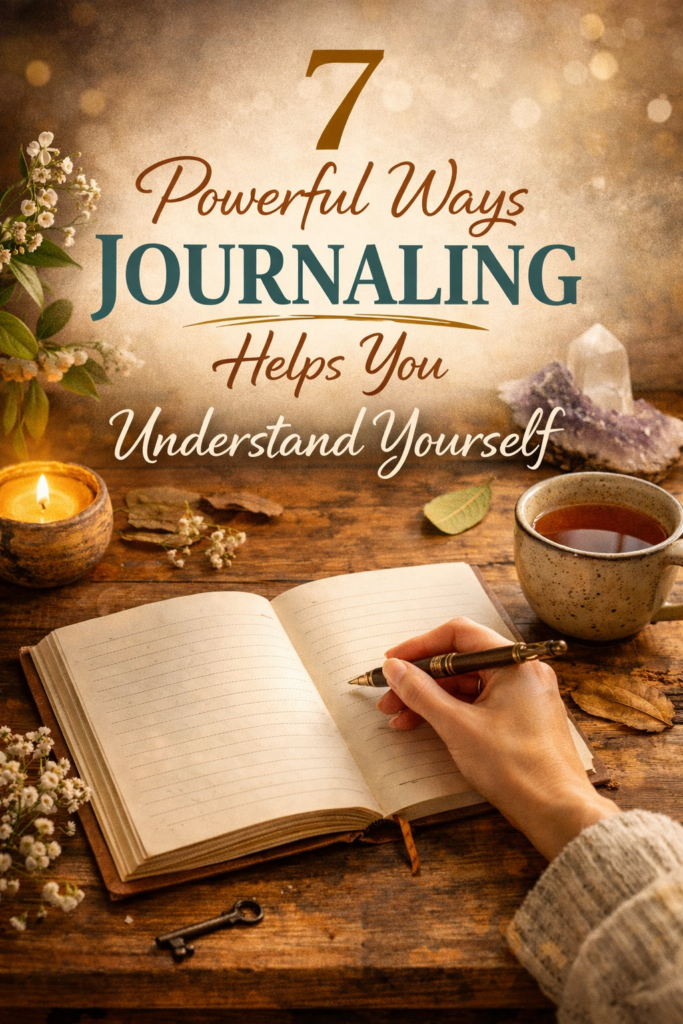 A person writing in a journal at a wooden table with a pen, candle, and tea, illustrating how journaling helps you understand yourself.