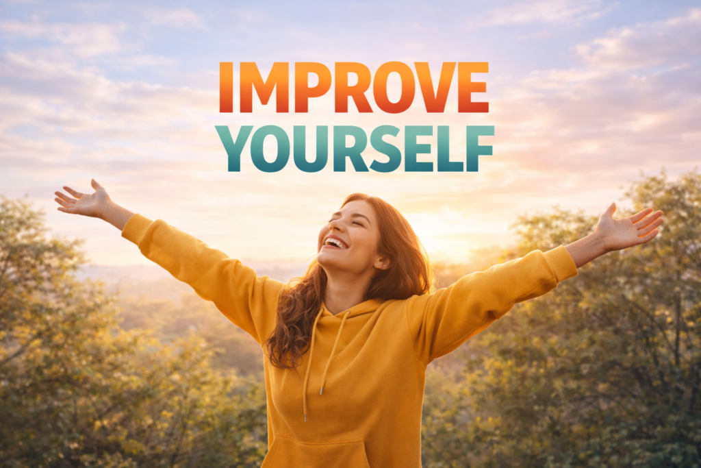 Smiling woman with open arms in nature at sunrise, symbolizing self-growth and the journey to improve yourself